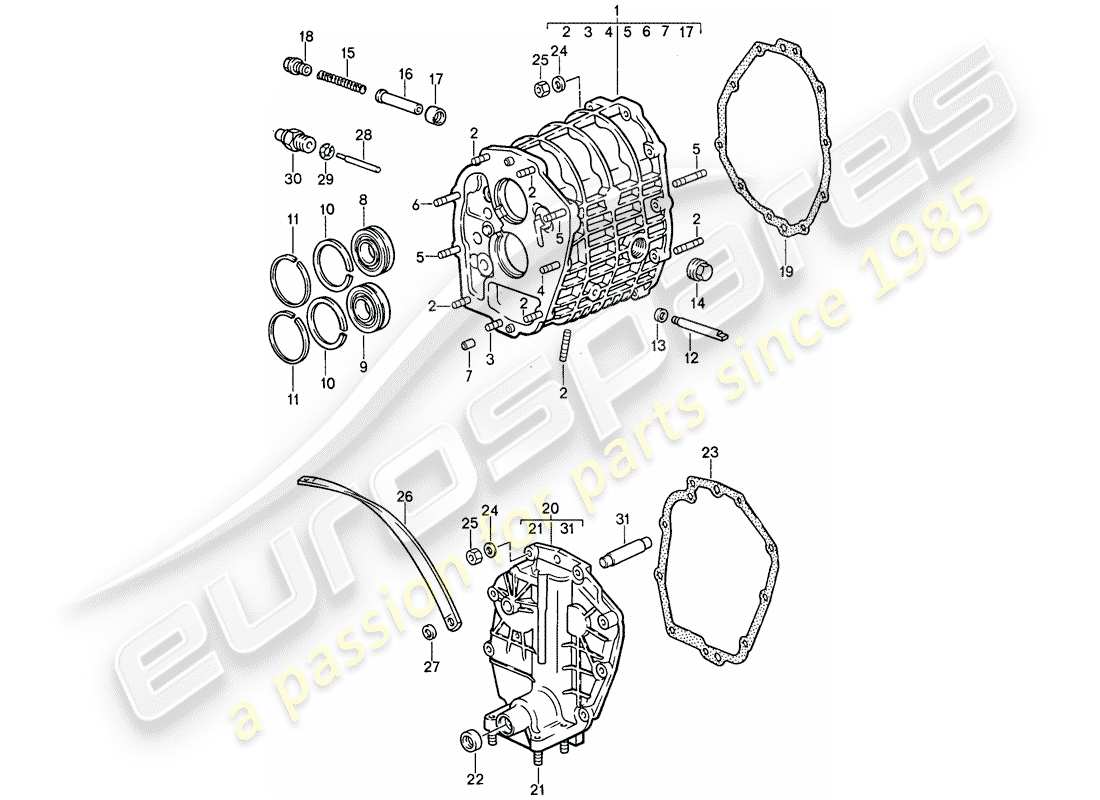 porsche 1987 (911) scatola ingranaggio - coperchio trasmissione schema delle parti