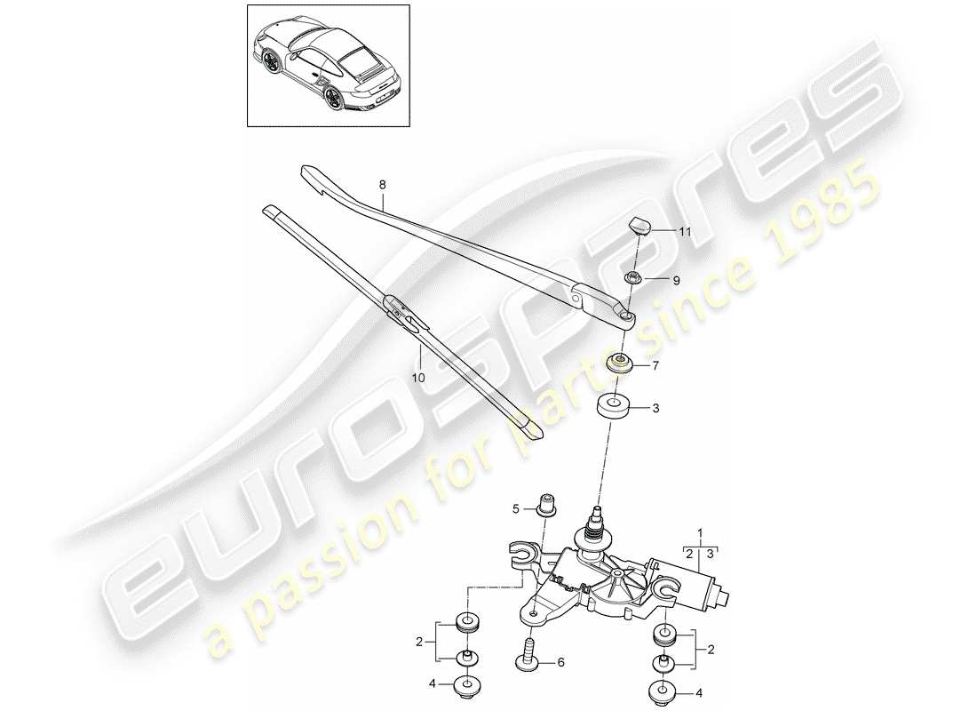 porsche 911 t/gt2rs (2012) tergicristallo posteriore diagramma delle parti