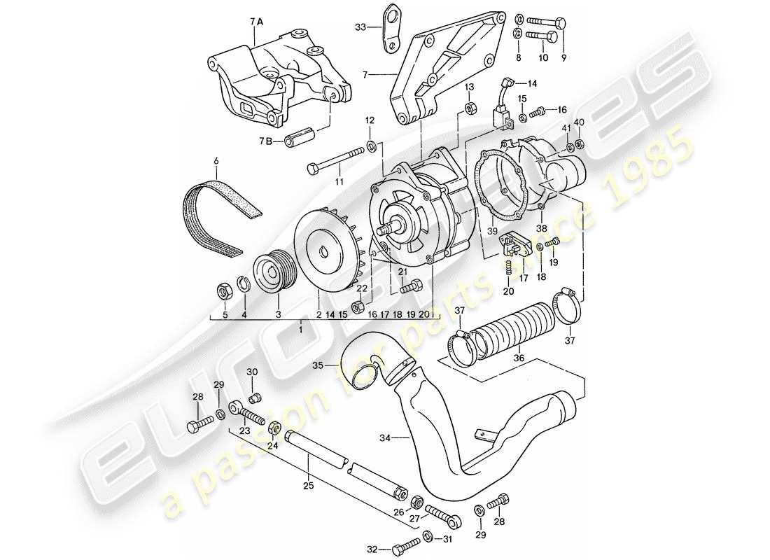 porsche 1989 (944) alternatore - con: - fissaggi schema delle parti