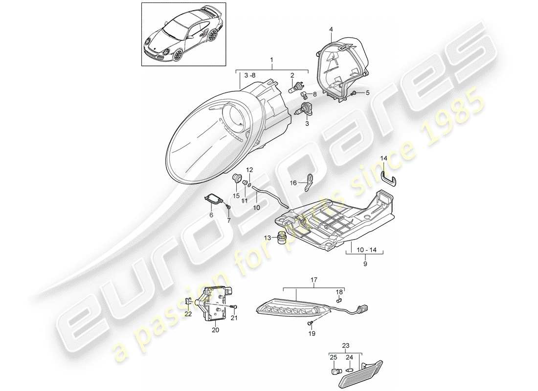 porsche 2013 (997-2 turbo / gt2 rs) diagramma delle parti del faro