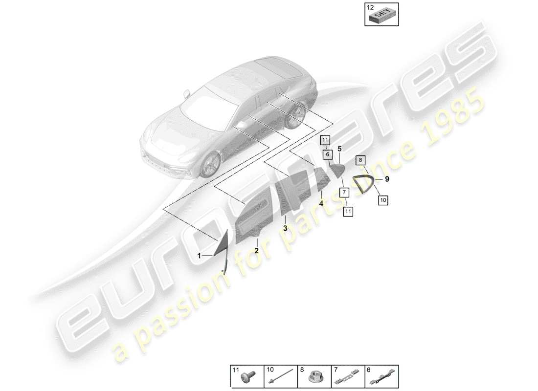 porsche 2018 (panamera 971-1) schema delle parti portiera e finestrino laterale