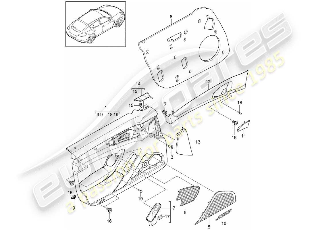 porsche 2013 (panamera 970) schema delle parti del pannello della porta