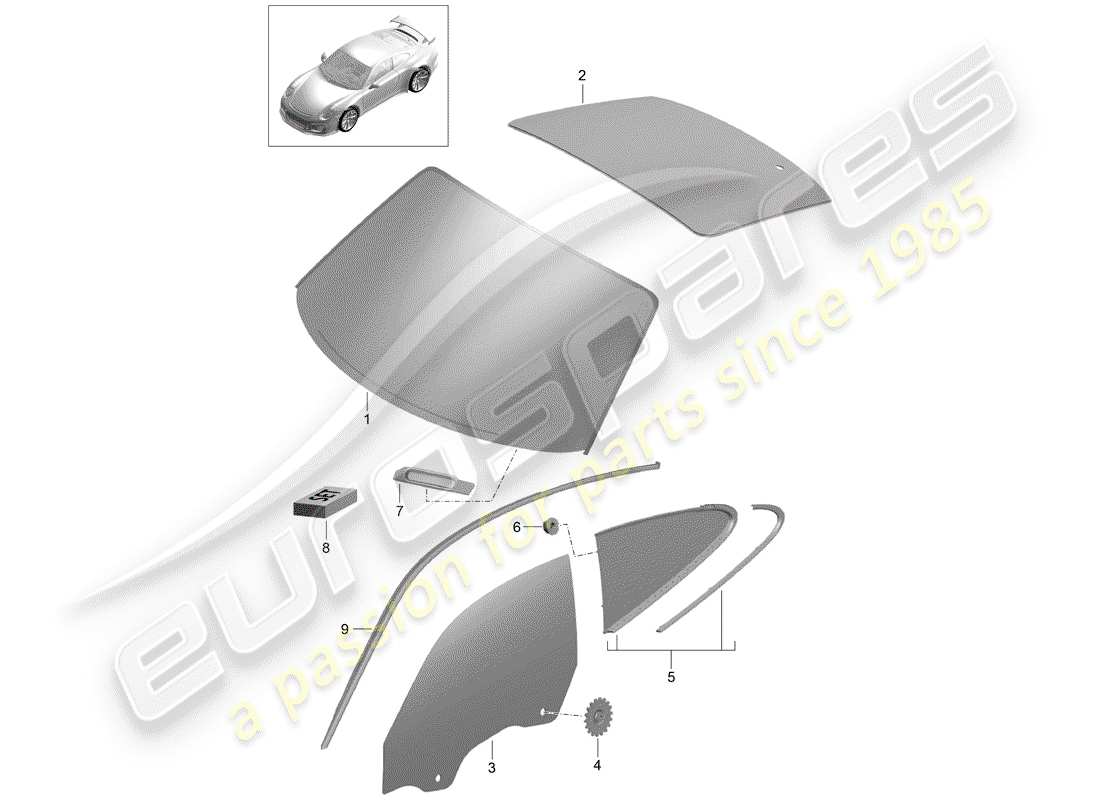 porsche 2019 (991-2 r/gt3/rs) vetri da finestra diagramma delle parti