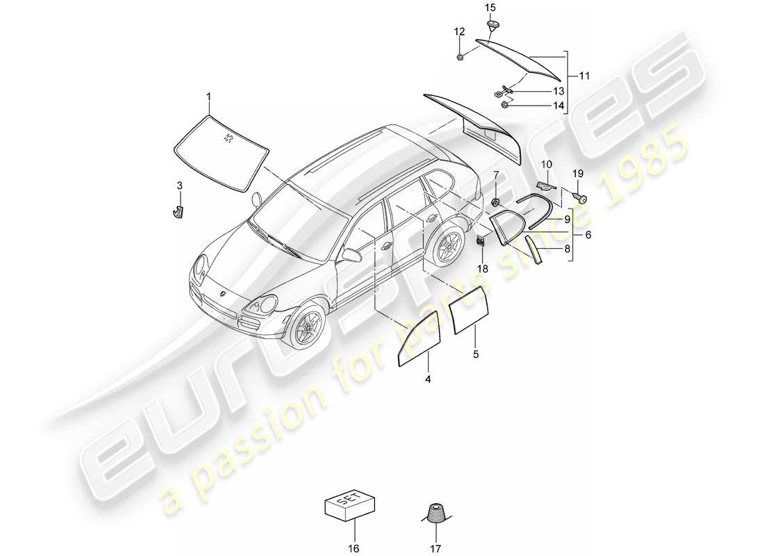 porsche 2003 (cayenne e1 9pa) vetro del parabrezza diagramma delle parti
