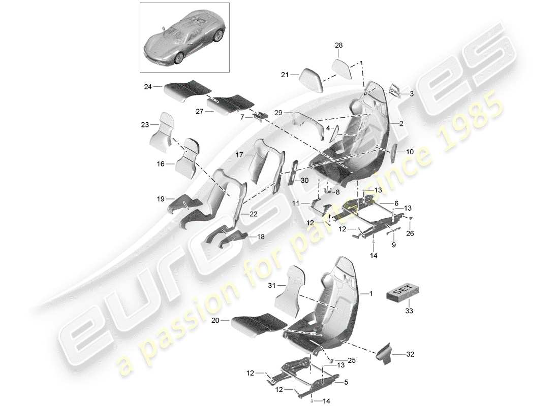 porsche 2015 (918 spyder) diagramma delle parti del sedile