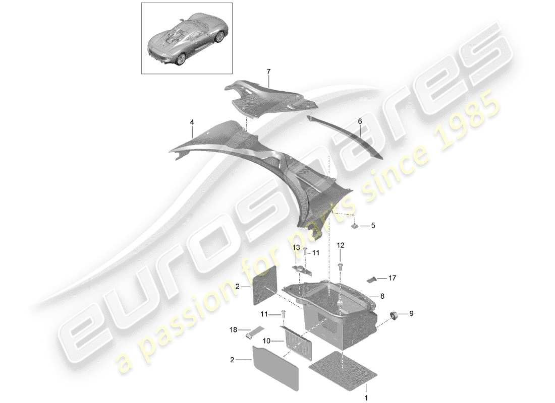 porsche 2015 (918 spyder) fodera per vano bagagli diagramma delle parti
