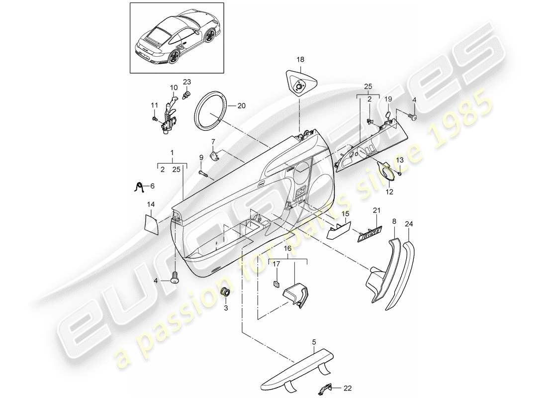 porsche 2013 (997-2 turbo / gt2 rs) schema delle parti del pannello della porta