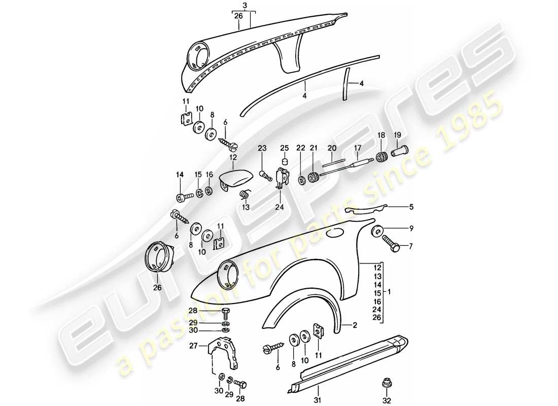 porsche 1987 (911) parafango - con: - coppa in lamiera per serbatoio schema delle parti