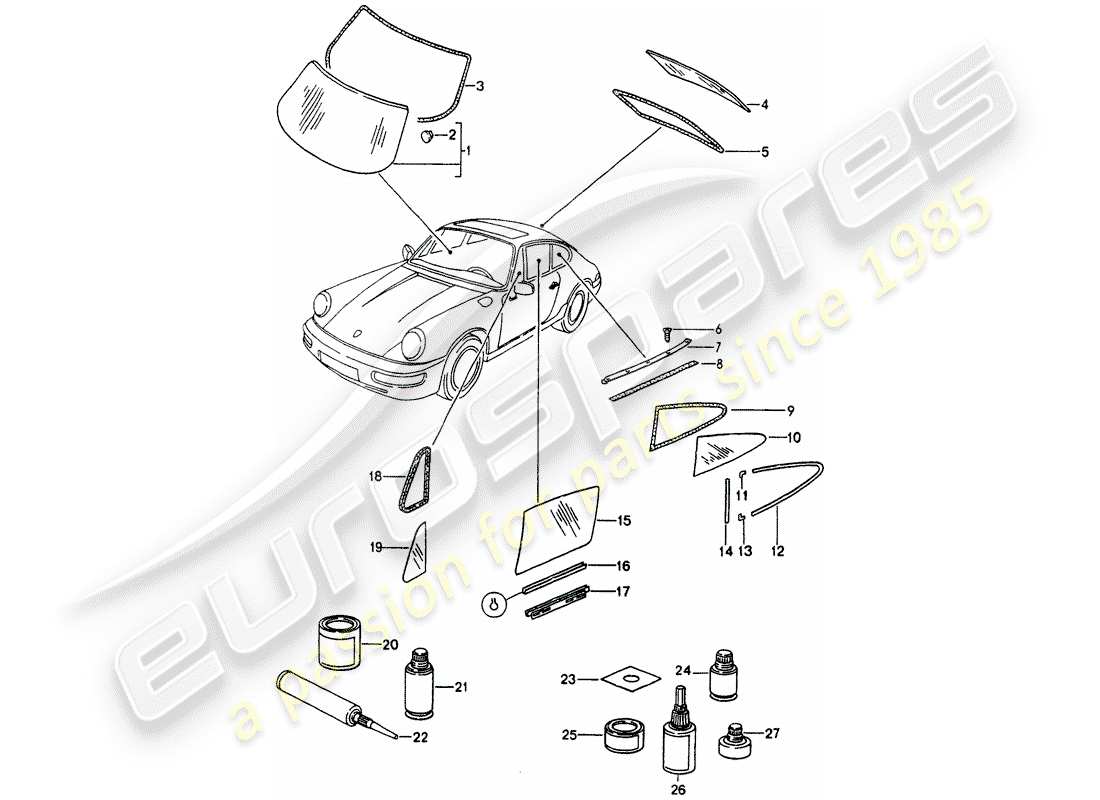 porsche 1990 (964) vetri della finestra diagramma delle parti