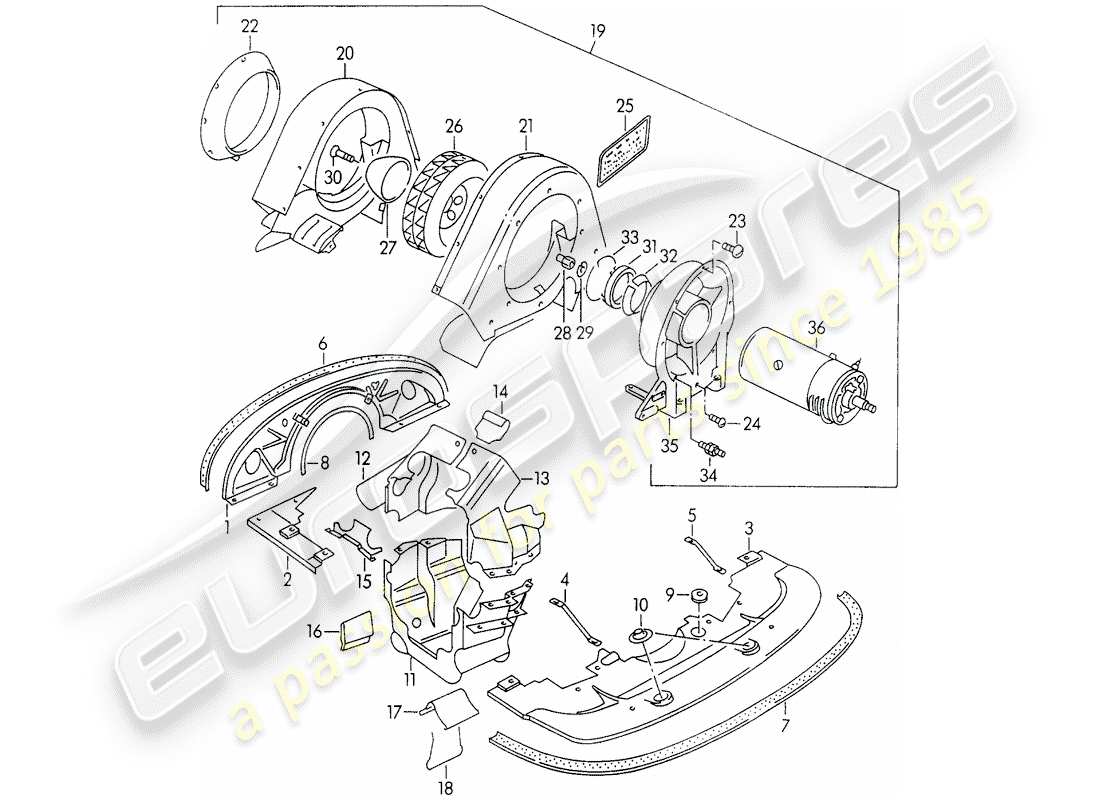 porsche 1954 (356/356a) diagramma delle parti del raffreddamento ad aria