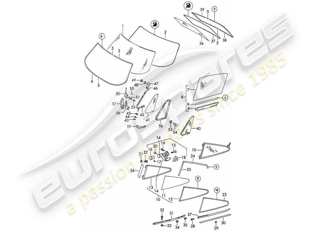 porsche 1966 (911/912) vetri finestra - d >> - mj 1968 schema delle parti