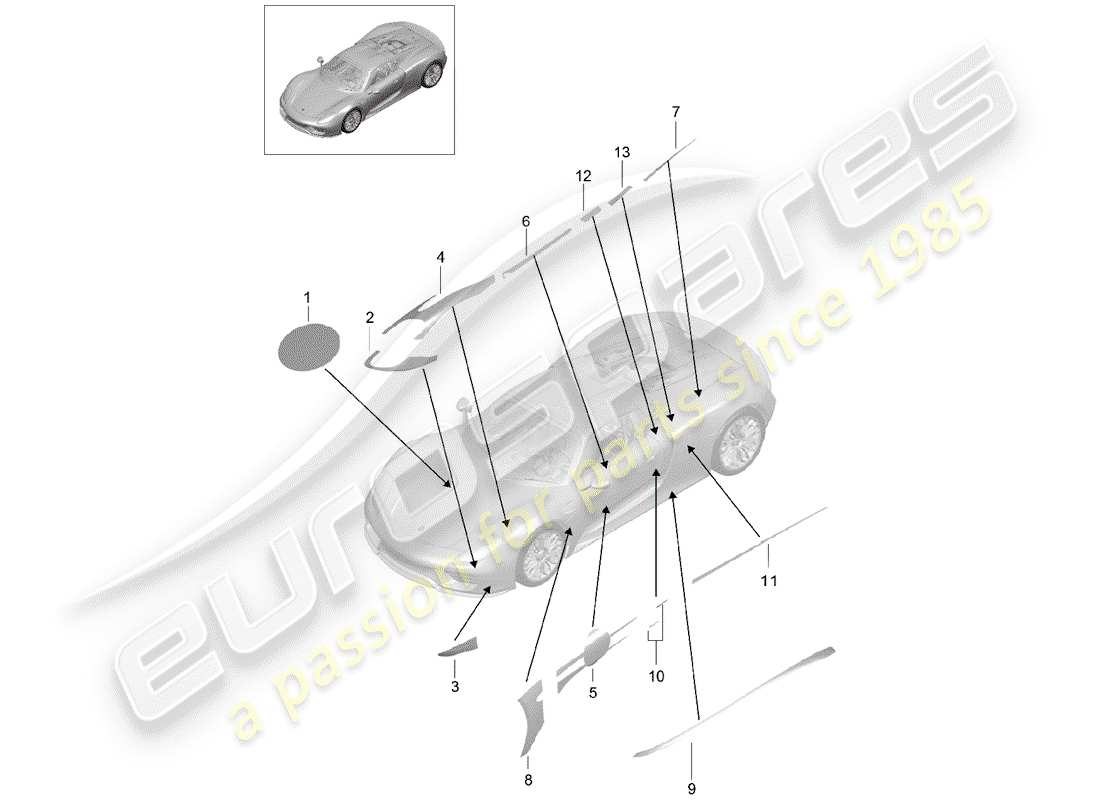 porsche 918 spyder (2015) diagramma delle parti della foglia di rifinitura