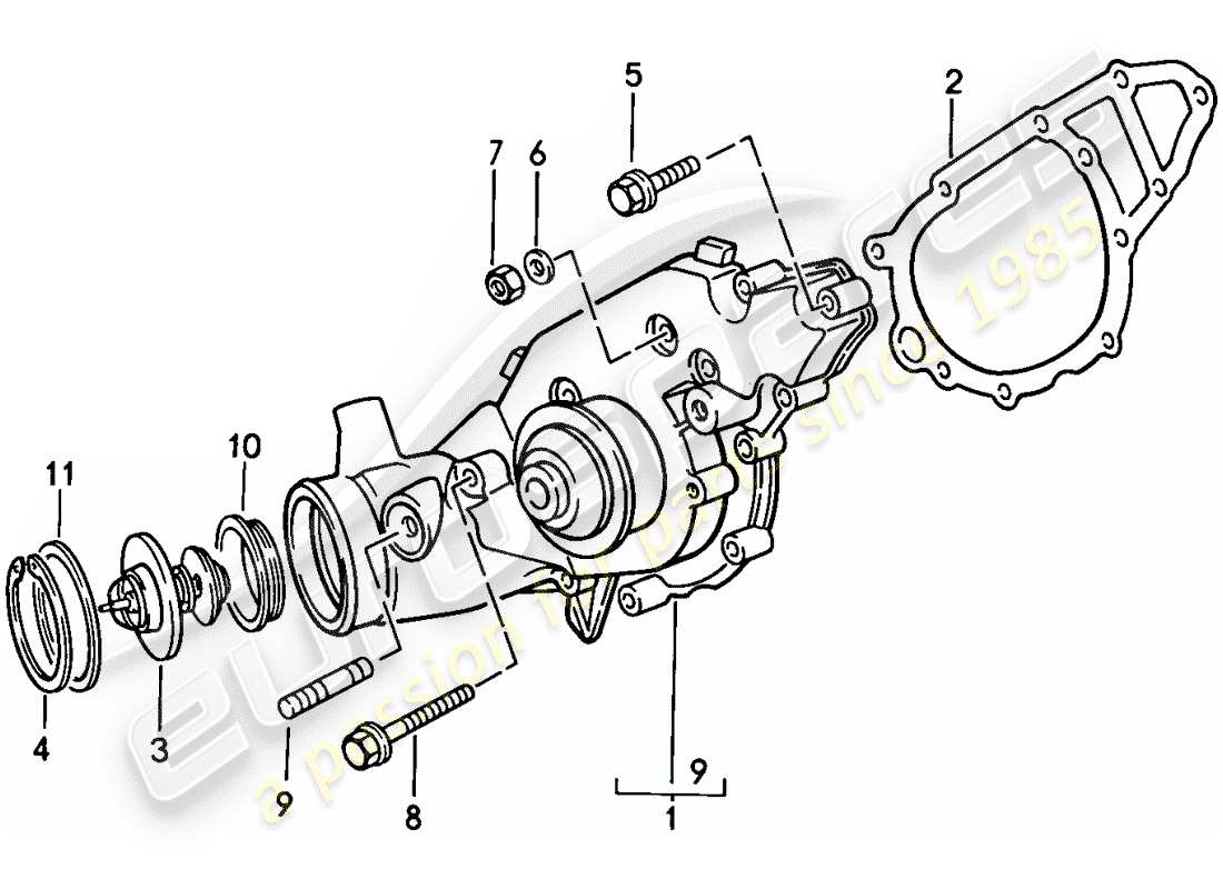 porsche 1987 (924s) schema delle parti della pompa dell'acqua