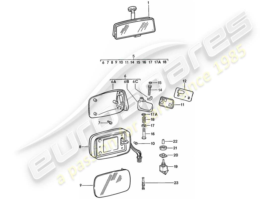 porsche 1985 (911) specchio retrovisore interno - specchio retrovisore schema delle parti
