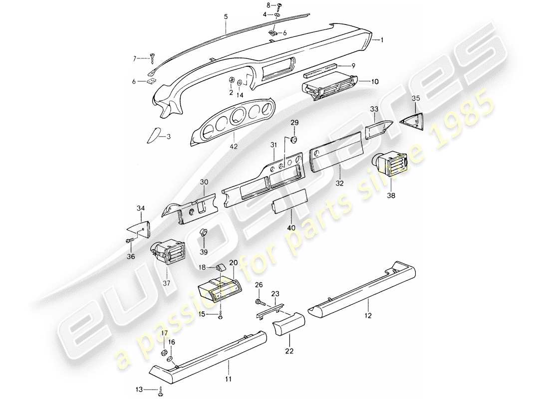 porsche 1990 (964) cruscotto - rivestimento ginocchiera - per auto senza - airbag schema delle parti