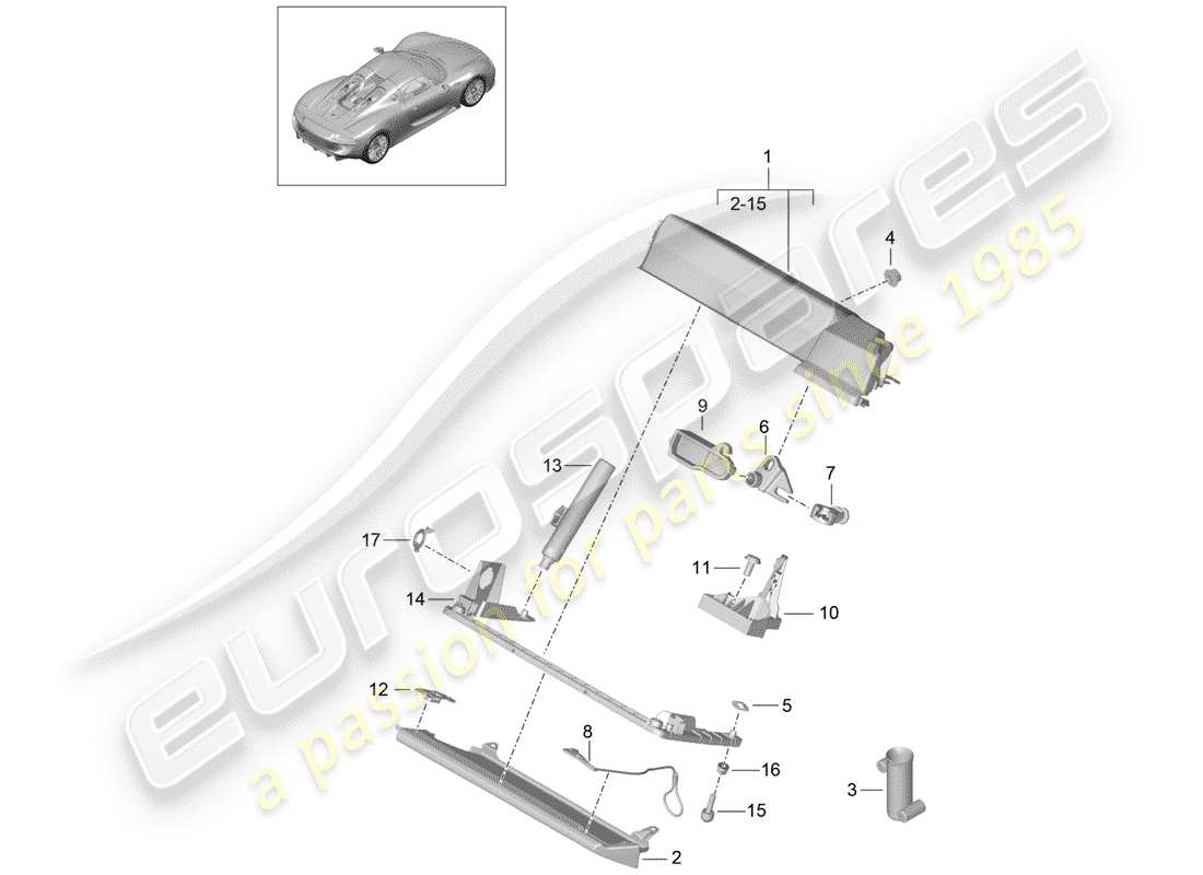 porsche 918 spyder (2015) diagramma delle parti del vano portaoggetti