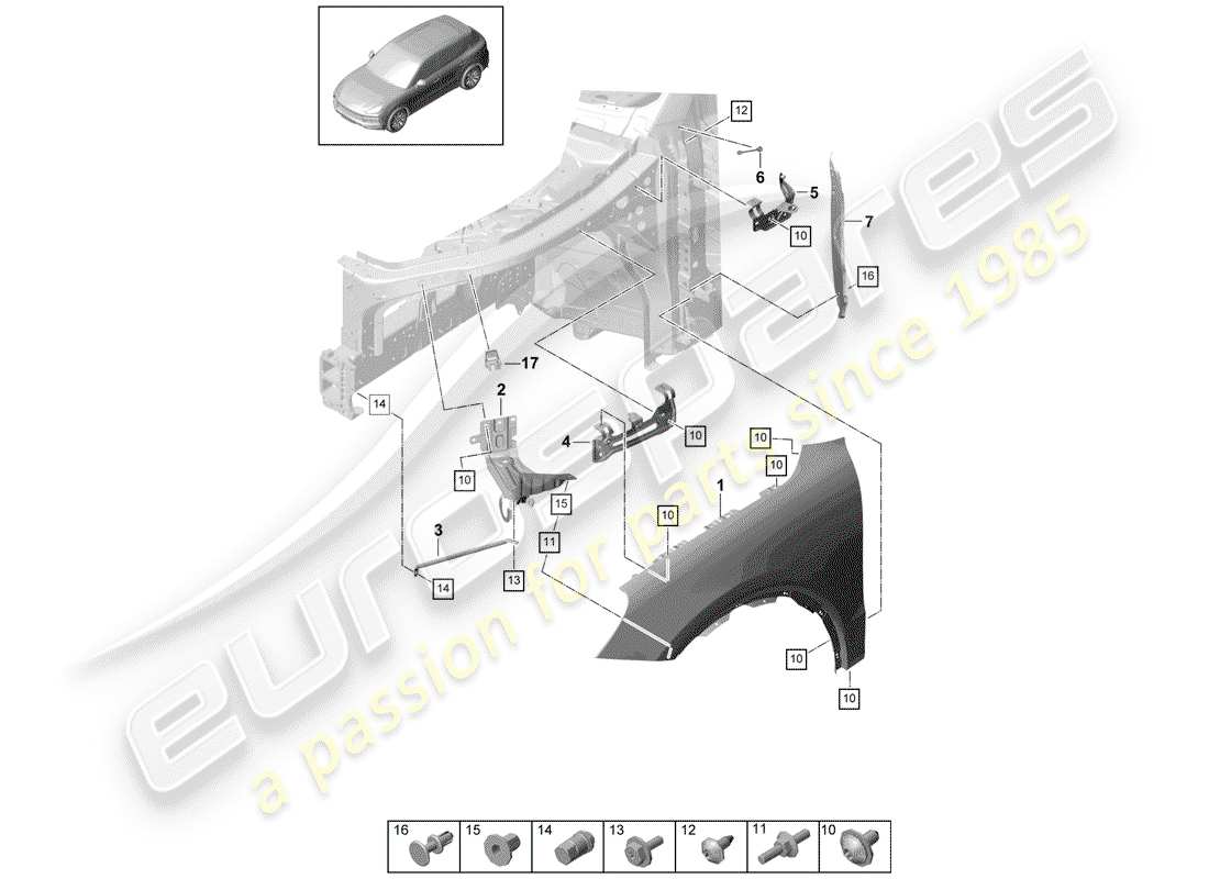 porsche 2020 (cayenne e3 9ya/9yb) schema delle parti del parafango