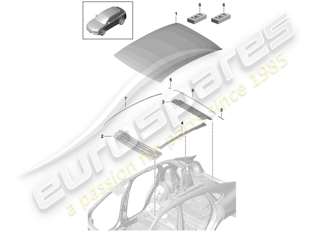 porsche 2020 (cayenne e3 9ya/9yb) pannello del tetto esterno diagramma delle parti