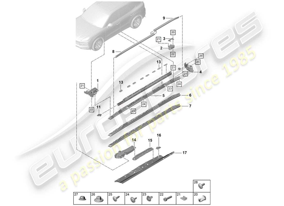 porsche 2020 (cayenne e3 9ya/9yb) rivestimento lato lato schema delle parti