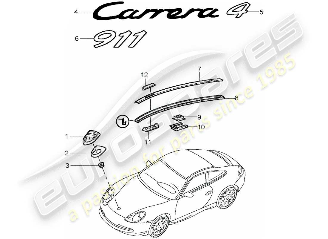 porsche 1999 (996) targhette - modanatura diagramma delle parti