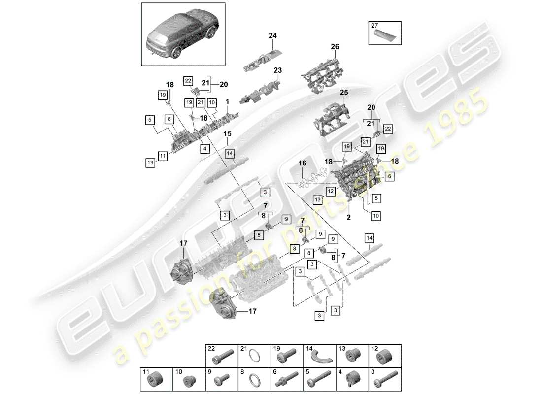 porsche 2020 (cayenne e3 9ya/9yb) copertura testa cilindro schema delle parti