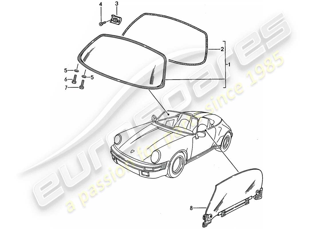 porsche 1987 (911) vetri della finestra schema delle parti