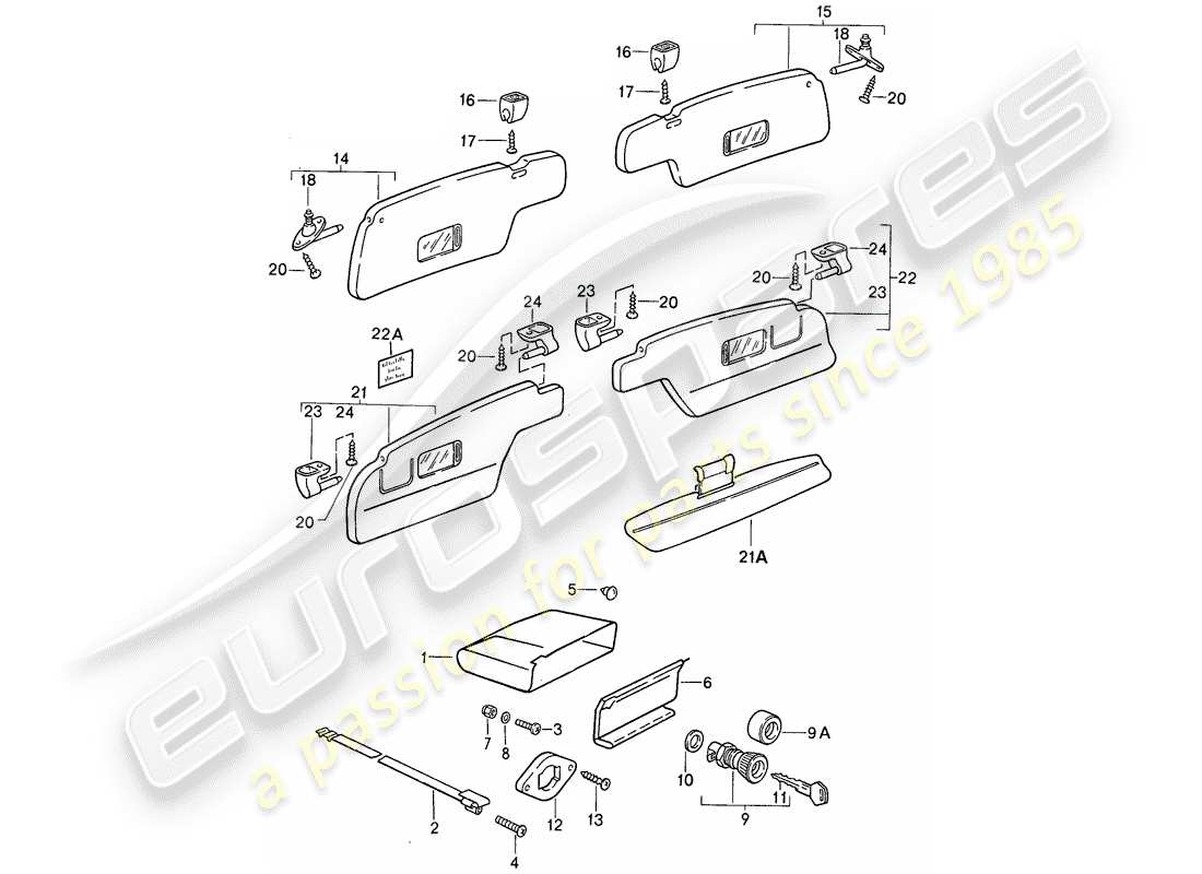porsche 1988 (911) portaoggetti - visiere da parasole diagramma delle parti