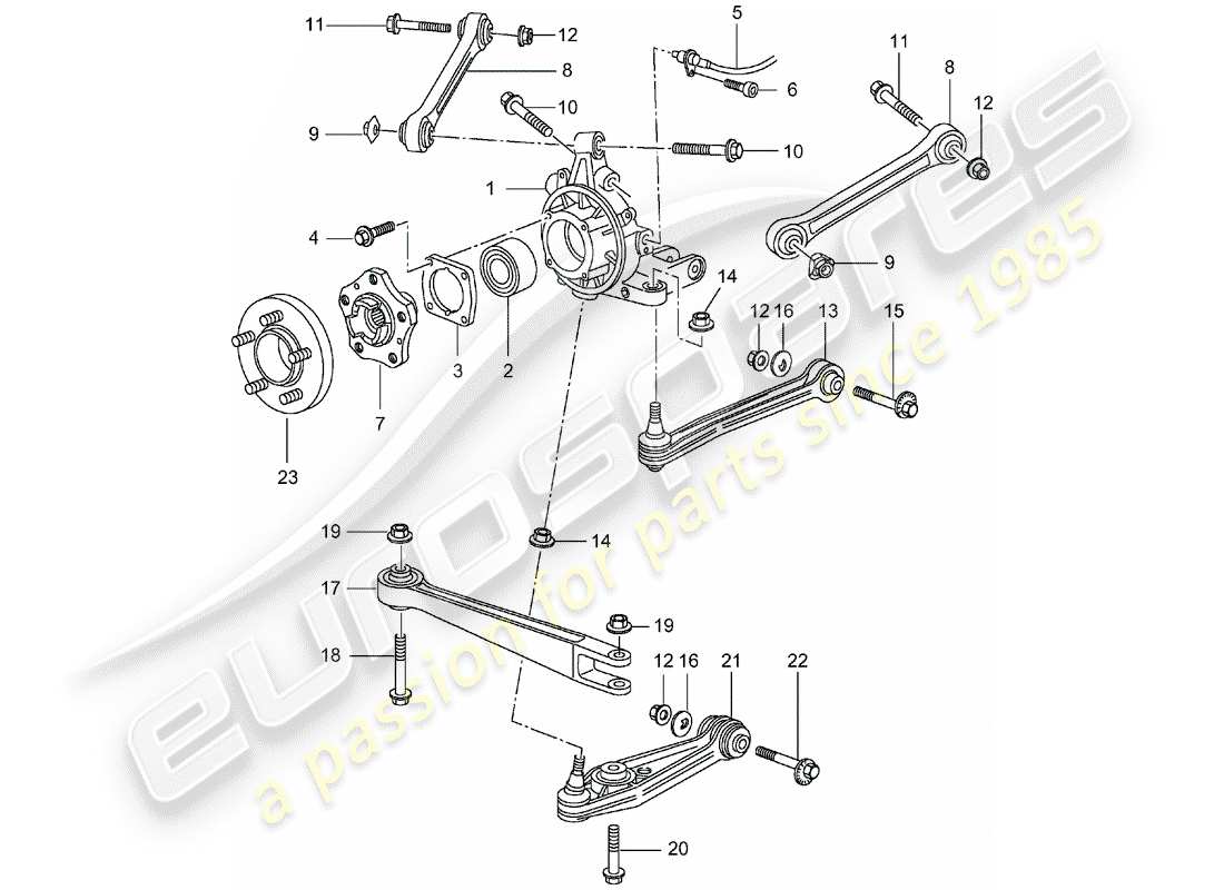 porsche 2001 (996) asse posteriore - portaruota - biella superiore - mozzo ruota schema parte