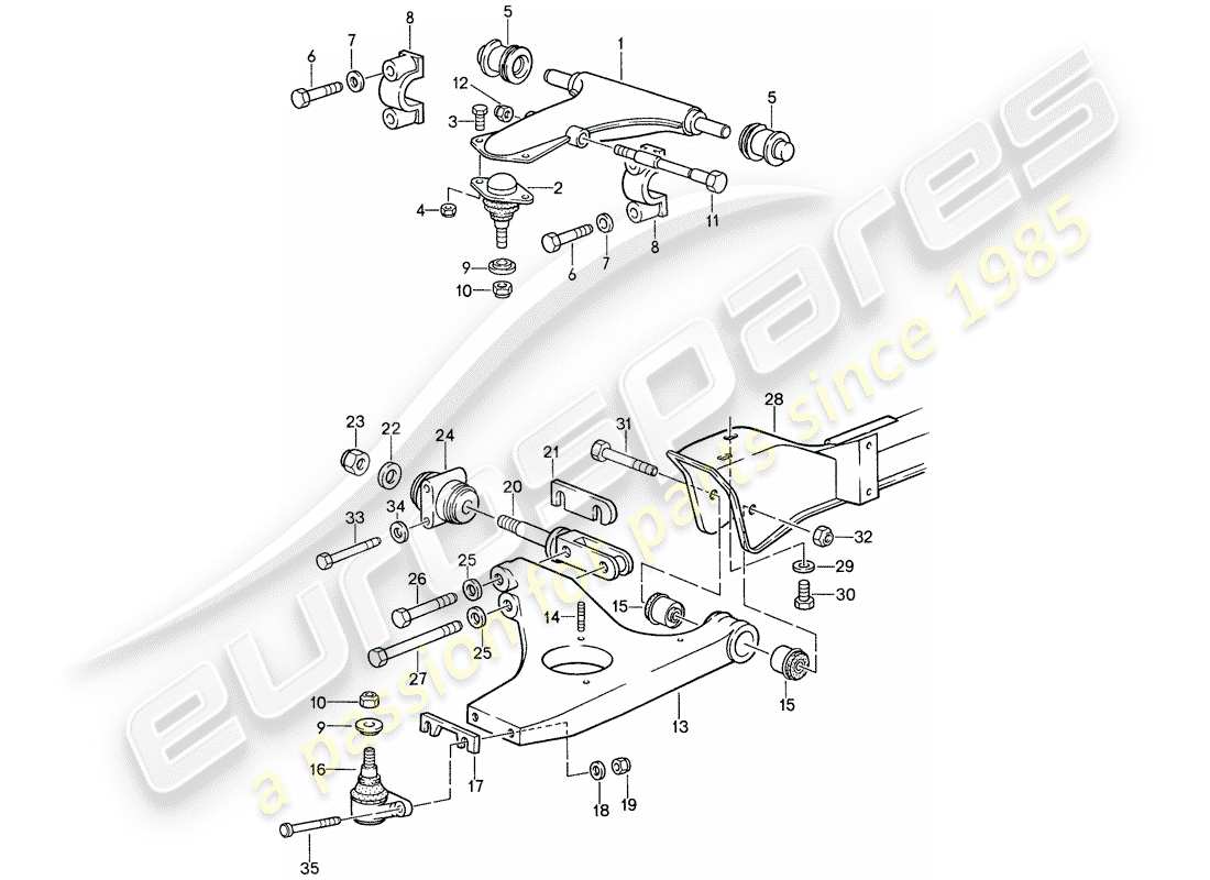 porsche 1987 (959) assale anteriore - traversa - braccio di controllo del cingolo schema delle parti
