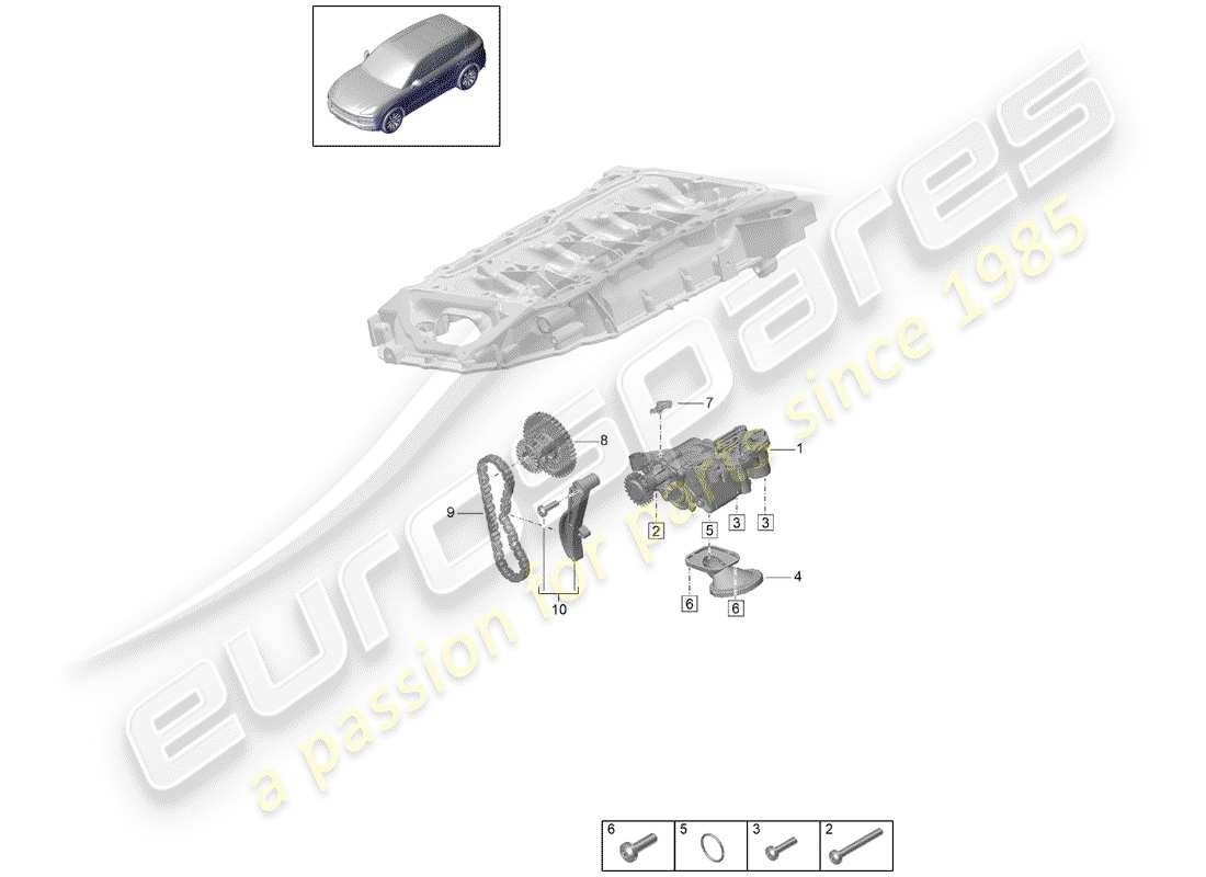 porsche 2020 (cayenne e3 9ya/9yb) schema delle parti della pompa dell'olio