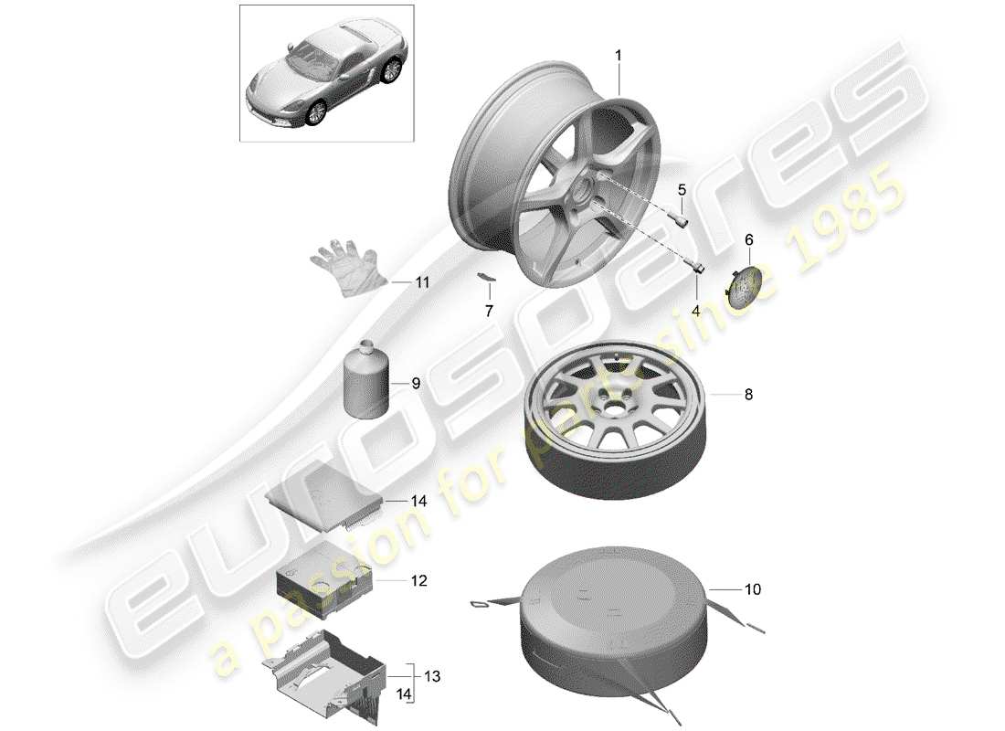 porsche 718 boxster (2019) diagramma delle parti del cerchio in lega