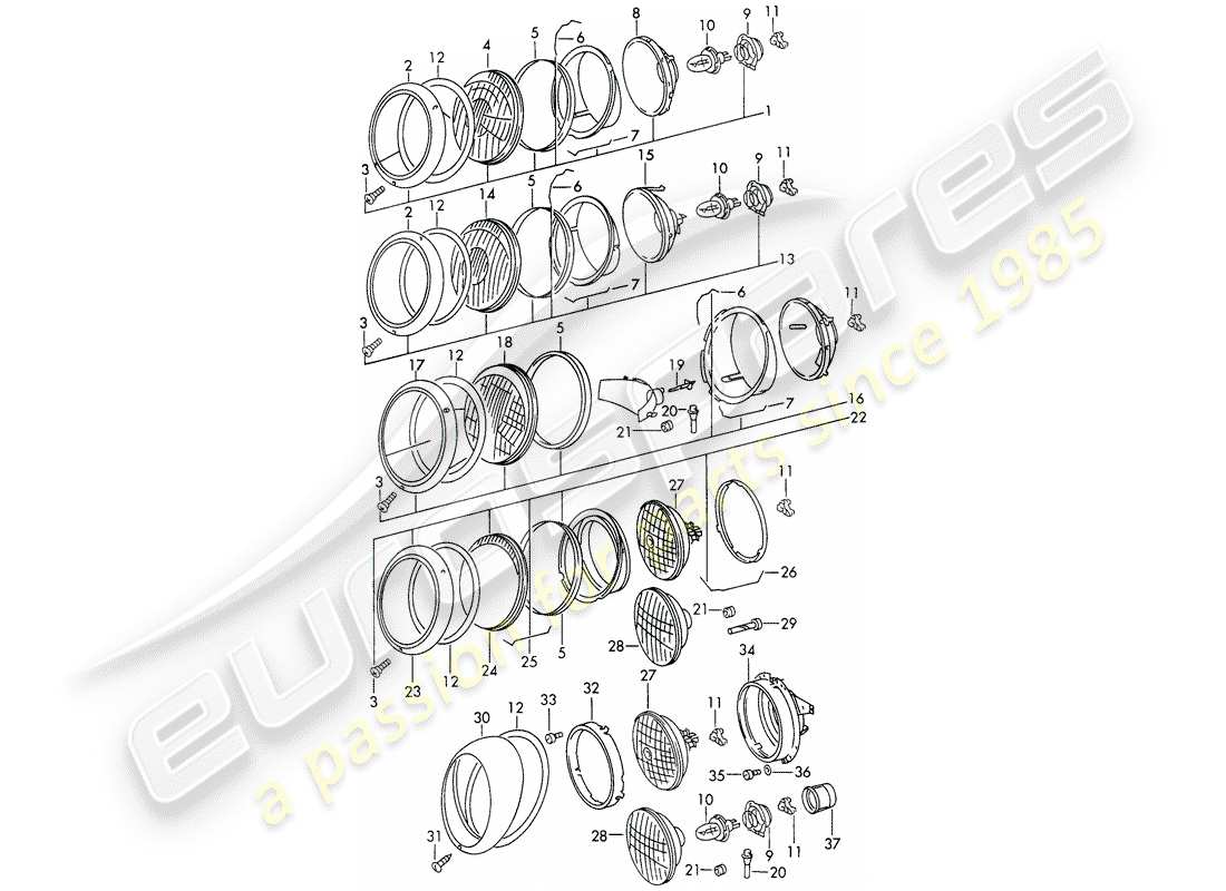porsche 1966 (911/912) faro - d >> - mj 1968 diagramma delle parti