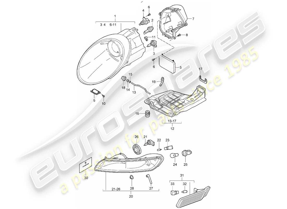porsche 2005 (997-1) diagramma delle parti del faro