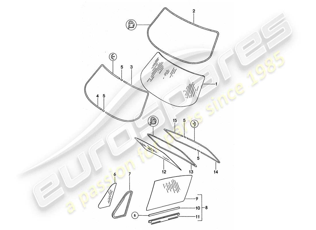 porsche 1977 (911 turbo) vetri della finestra diagramma delle parti