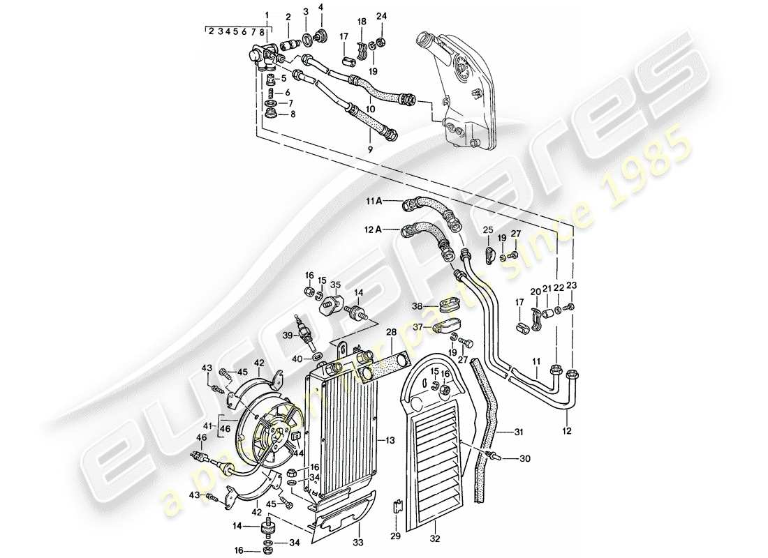 porsche 1986 (911) lubrificazione motore - radiatore olio diagramma delle parti