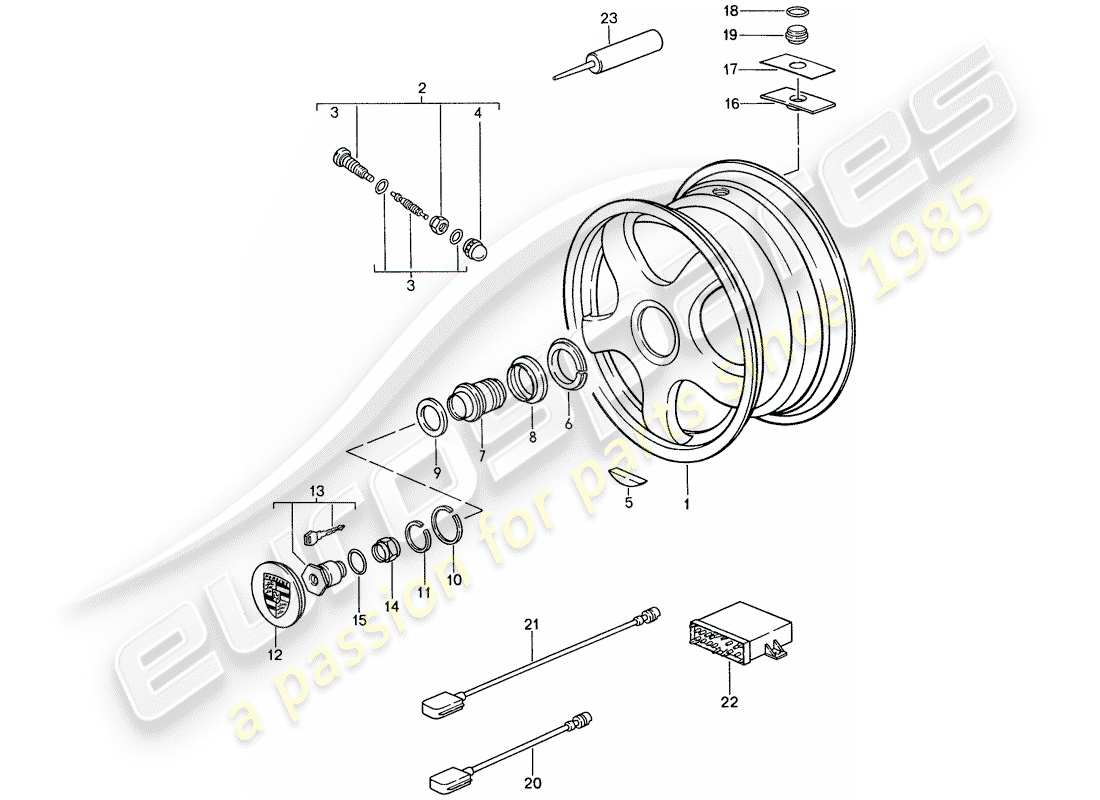 porsche 1987 (959) ruote - pneumatici - sistema di controllo pressione pneumatici schema delle parti