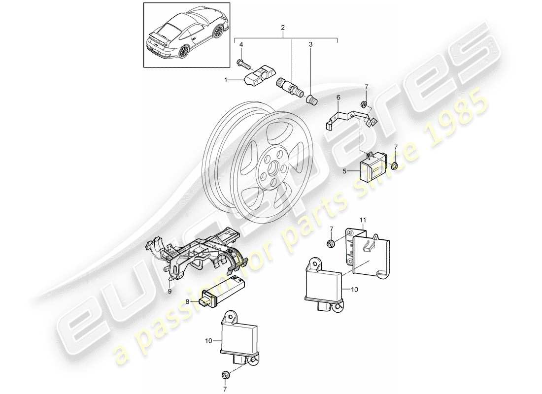 porsche 2007 (997-1 gt3) schema delle parti del sistema di controllo della pressione dei pneumatici