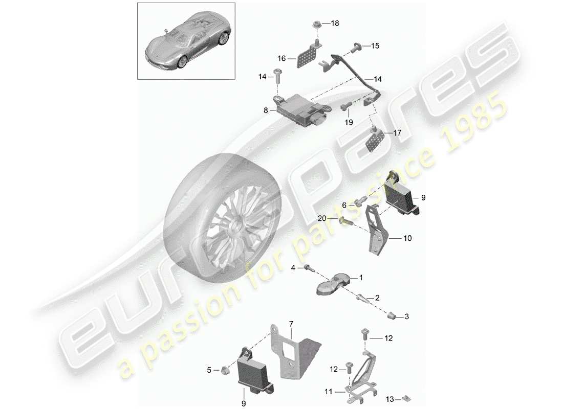 porsche 2015 (918 spyder) schema delle parti del sistema di controllo della pressione dei pneumatici