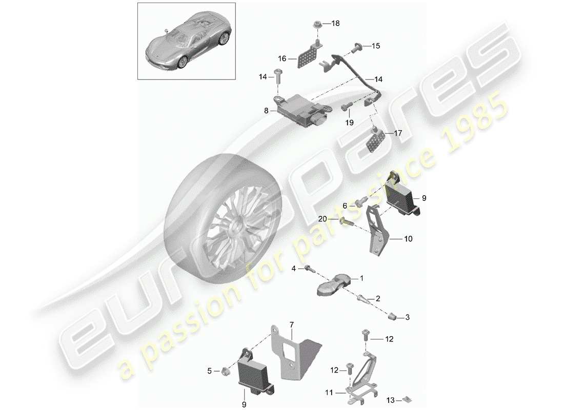 porsche 918 spyder (2015) schema delle parti del sistema di controllo della pressione dei pneumatici