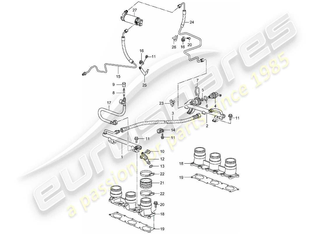 porsche 2005 (996 turbo / gt2) tubo di raccolta carburante diagramma delle parti