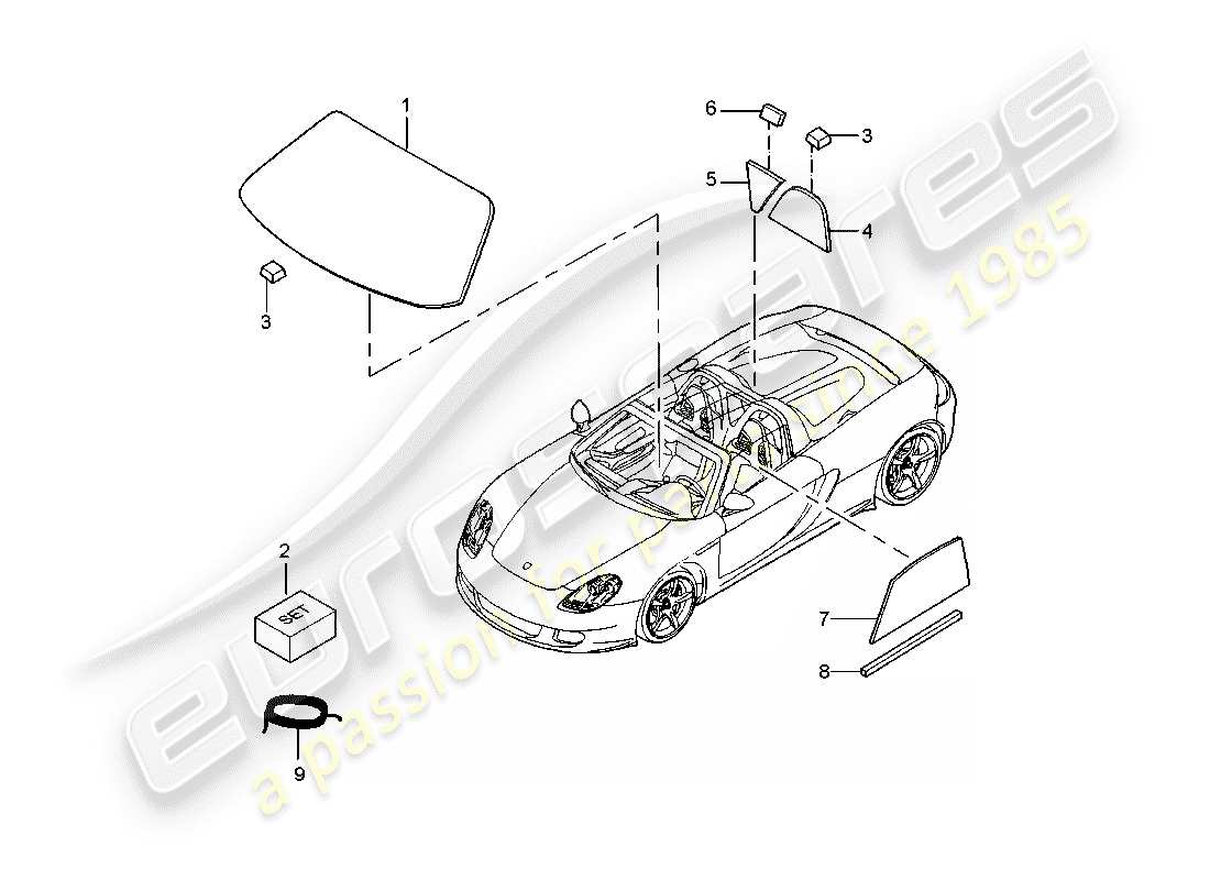 porsche 2004 (carrera gt) vetri della finestra diagramma delle parti