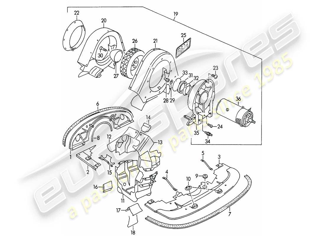 porsche 1954 (356/356a) diagramma delle parti del raffreddamento ad aria
