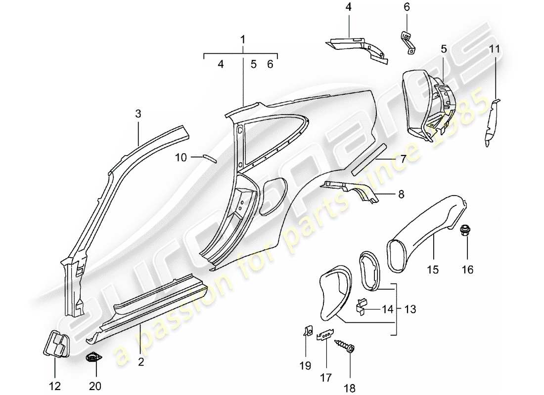 porsche 2004 (996 turbo / gt2) pannello laterale diagramma delle parti