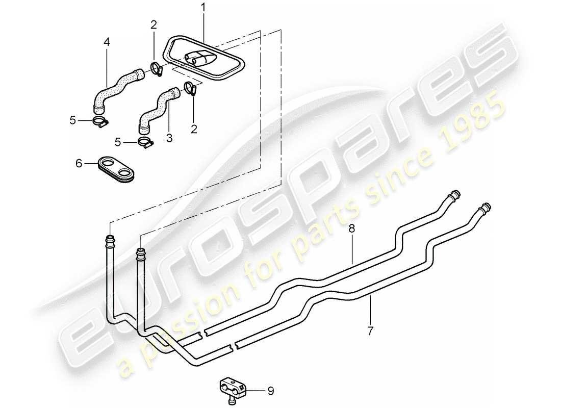 porsche 1997 (986 boxster) riscaldatore - tubo di alimentazione - linea di ritorno schema delle parti