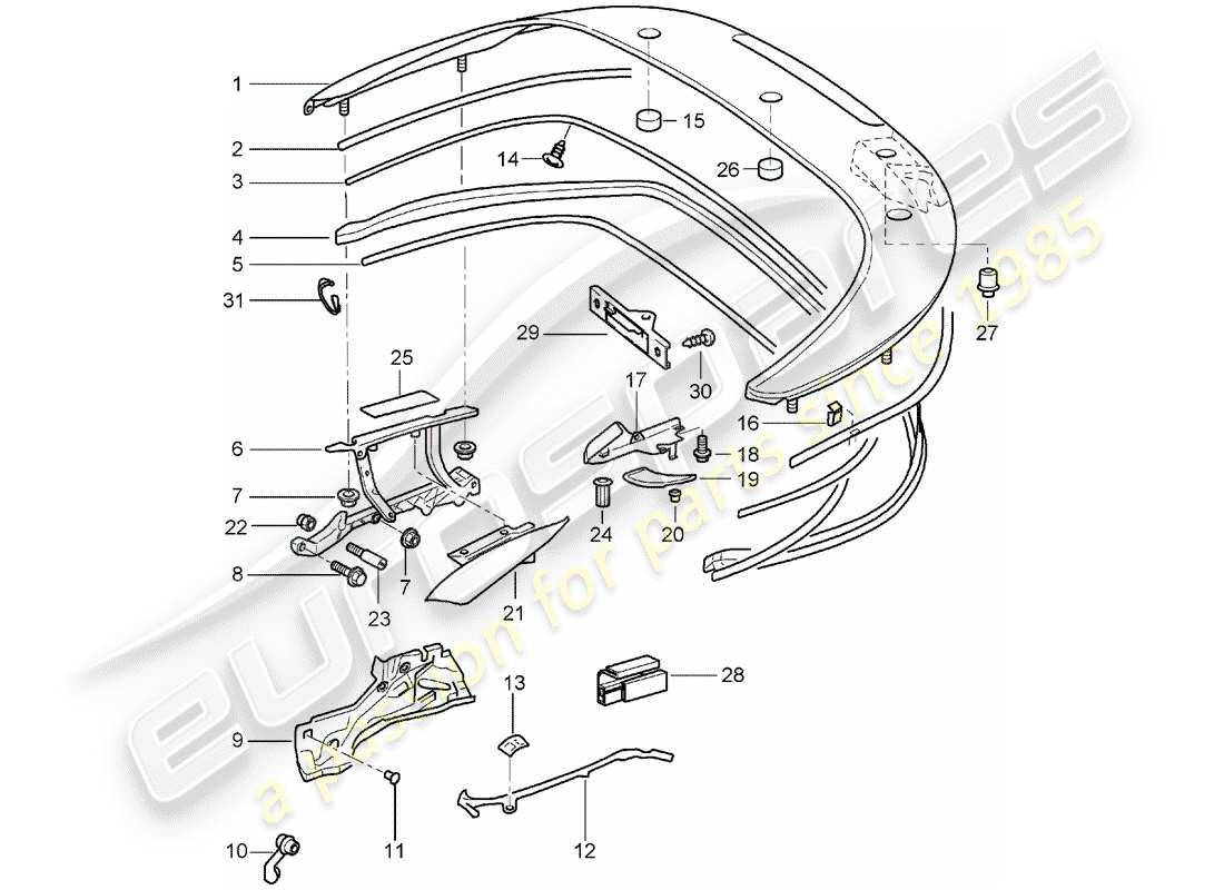porsche 2004 (996) cassetto portaoggetti superiore - coperchio - guarnizioni diagramma delle parti