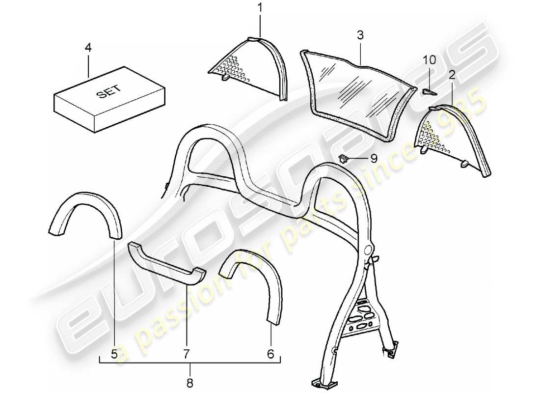 porsche 2003 (986 boxster) parabrezza - e - finiture - roll bar schema delle parti