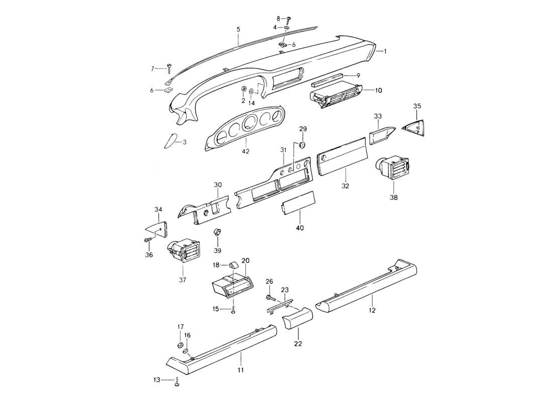 porsche 1994 (964) cruscotto - rivestimento ginocchiera - per auto senza - airbag schema delle parti