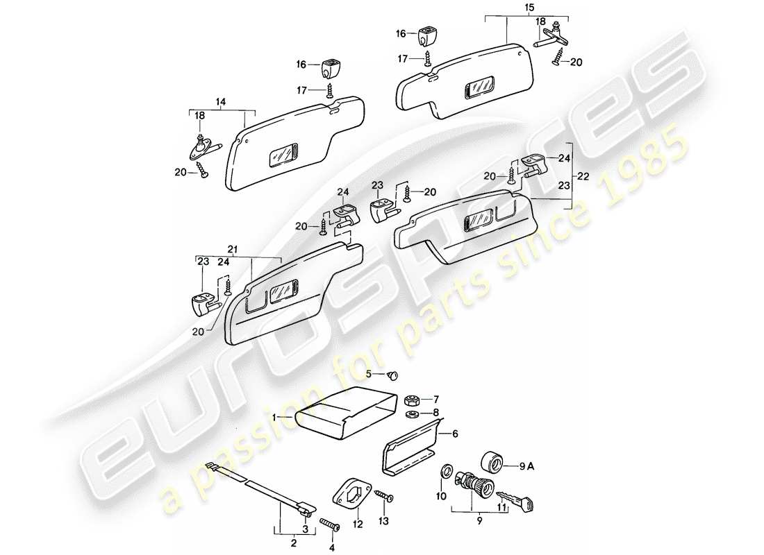 porsche 1984 (911) portaoggetti - visiere da parasole diagramma delle parti