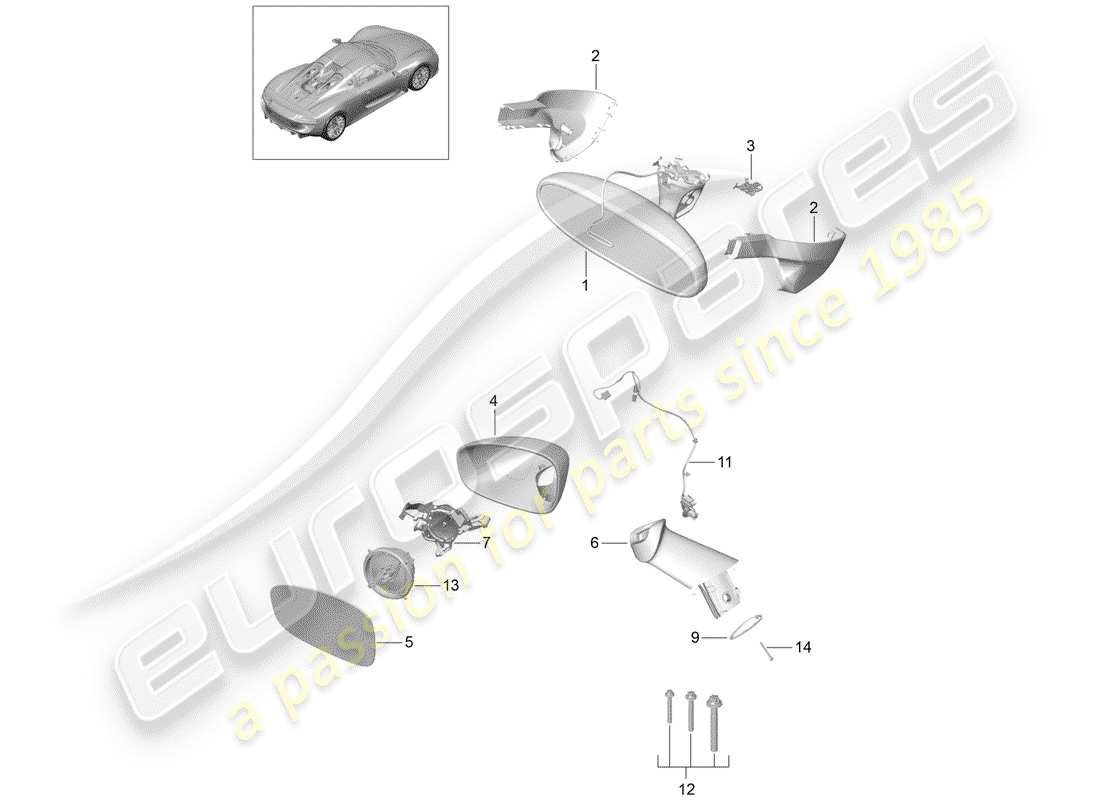porsche 918 spyder (2015) schema delle parti specchio retrovisore interno
