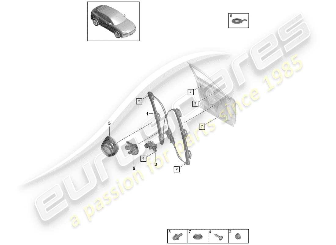 porsche 2019 (cayenne e3 9ya/9yb) regolatore della finestra diagramma delle parti